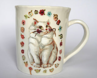 White Kitty & Flowers Mug